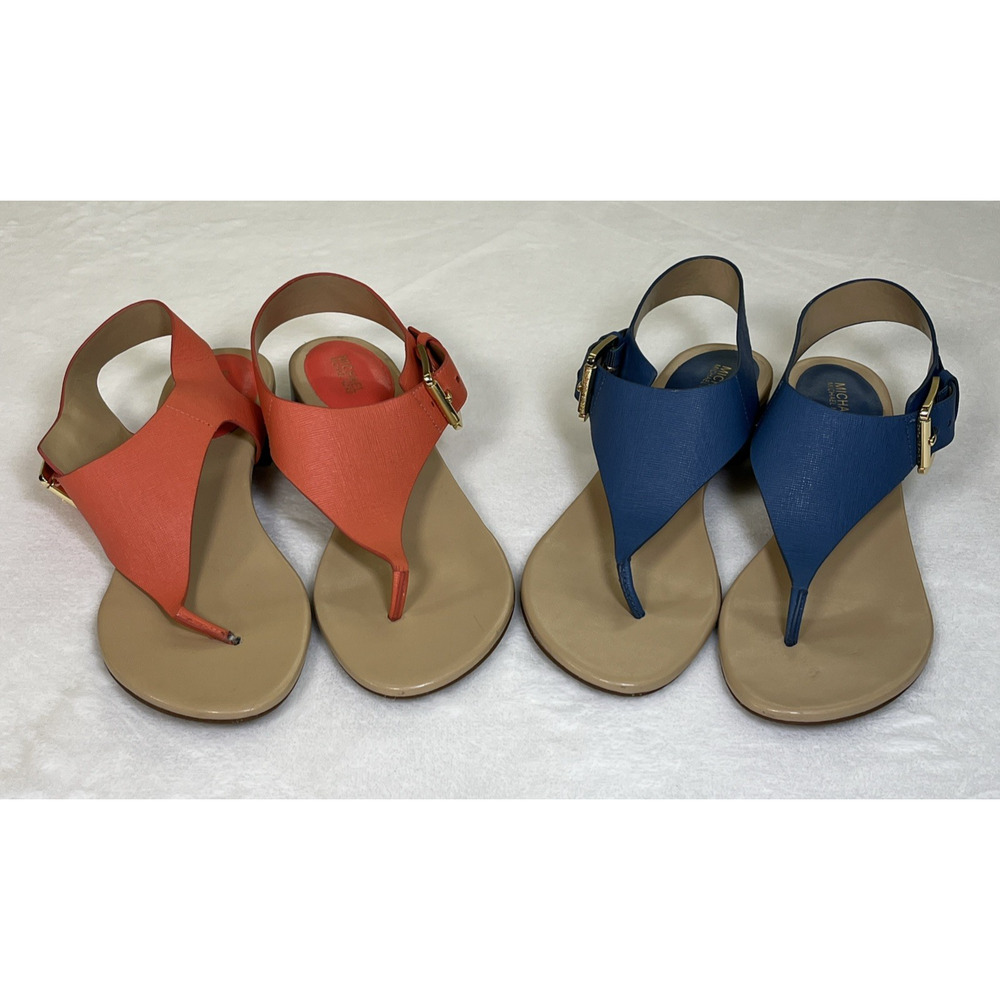 2pr Michael Kors London Thong Sandals TStrap Low Heel Leather Sz. 8 Blue & Coral